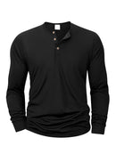 Novas camisetas Henley masculinas de manga comprida, básicas e casuais, com gola padre, confortáveis e macias, estilo pulôver.