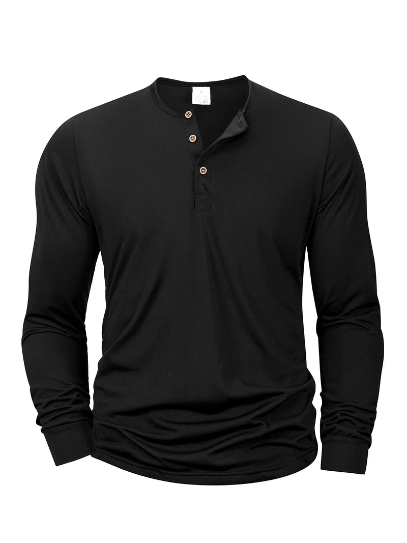 Novas camisetas Henley masculinas de manga comprida, básicas e casuais, com gola padre, confortáveis e macias, estilo pulôver.