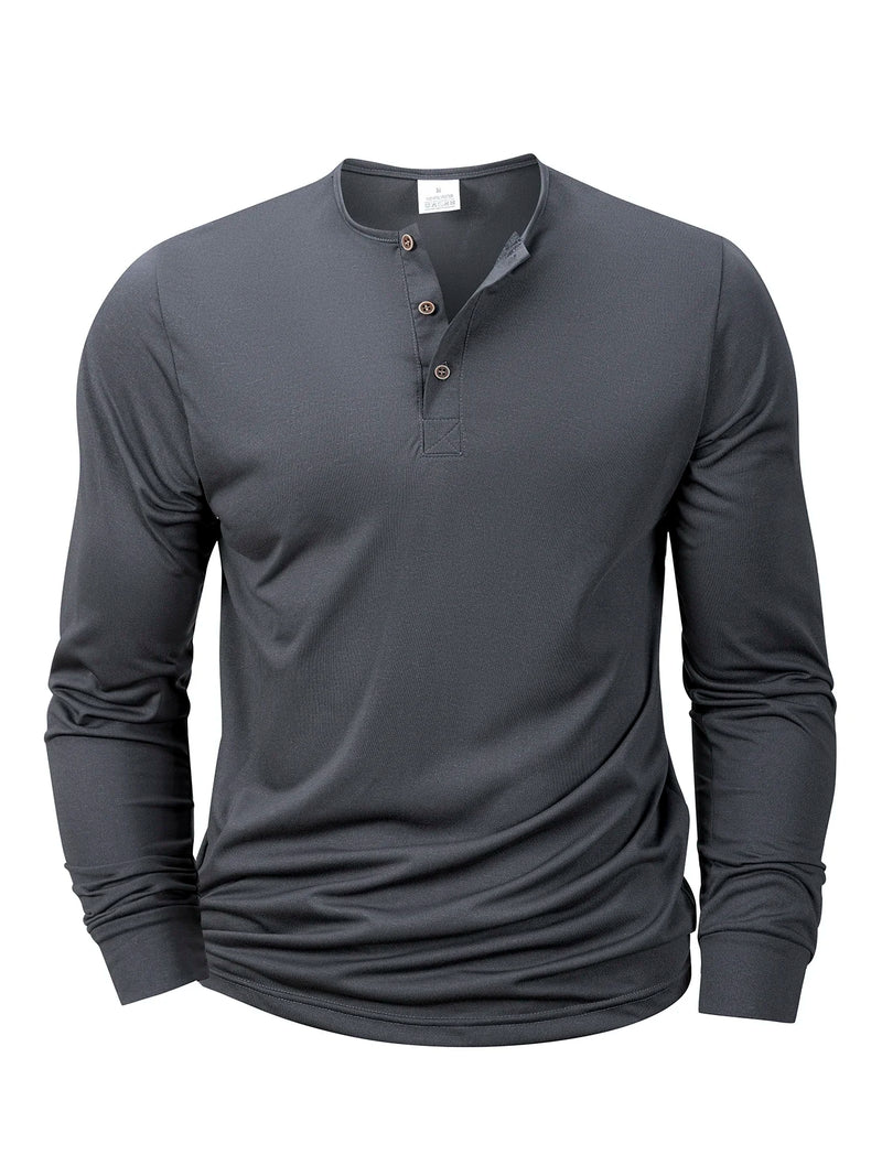 Novas camisetas Henley masculinas de manga comprida, básicas e casuais, com gola padre, confortáveis e macias, estilo pulôver.