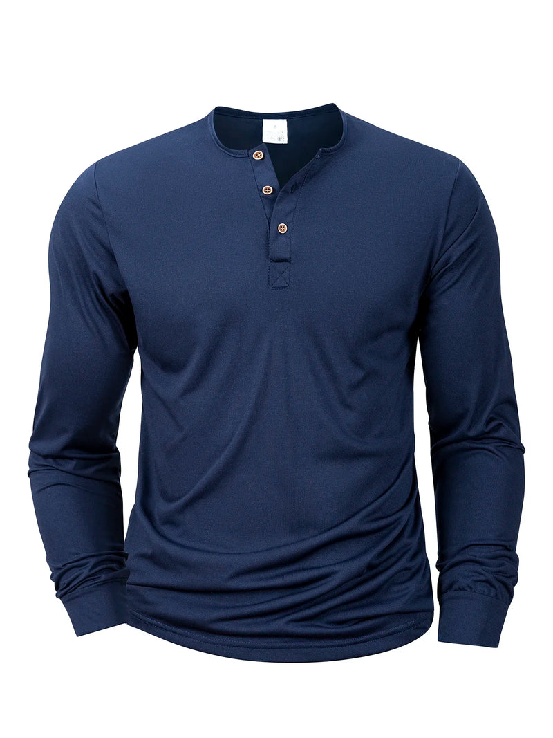 Novas camisetas Henley masculinas de manga comprida, básicas e casuais, com gola padre, confortáveis e macias, estilo pulôver.